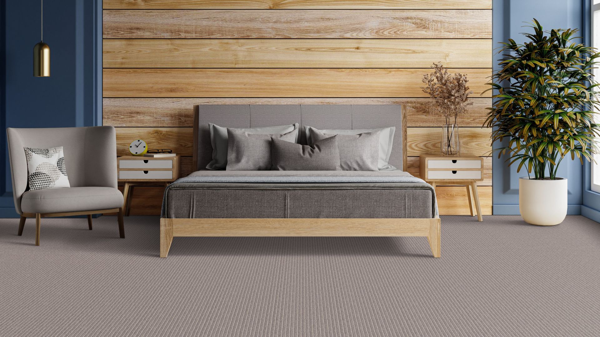 Gray carpet in a modern bedroom.